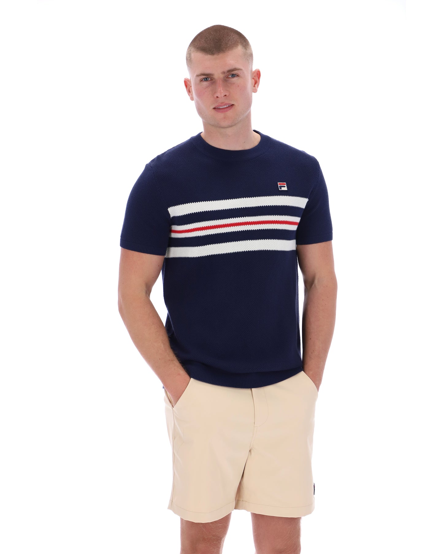 Fila Vintage Men's Gerardo Mesh Stripe Knitted T Shirt Fila Navy