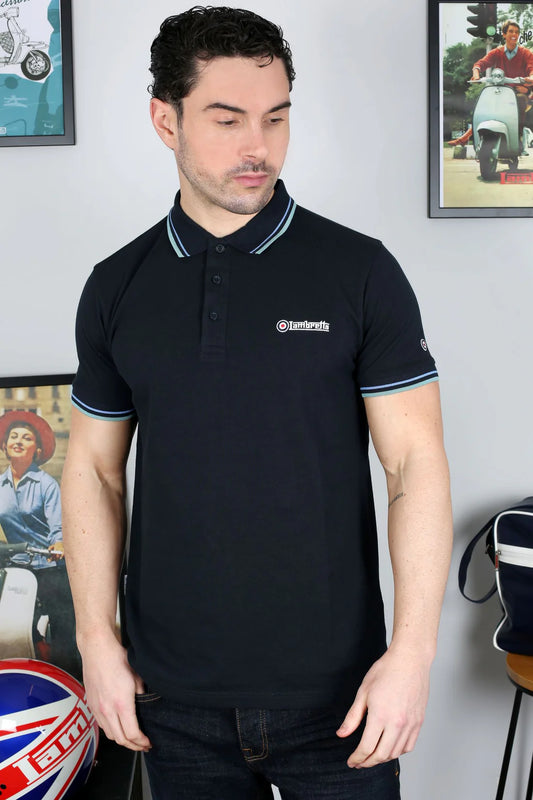 Lambretta Men's SS1608 Twin Tipped Polo Shirt Navy Blue / Cameo