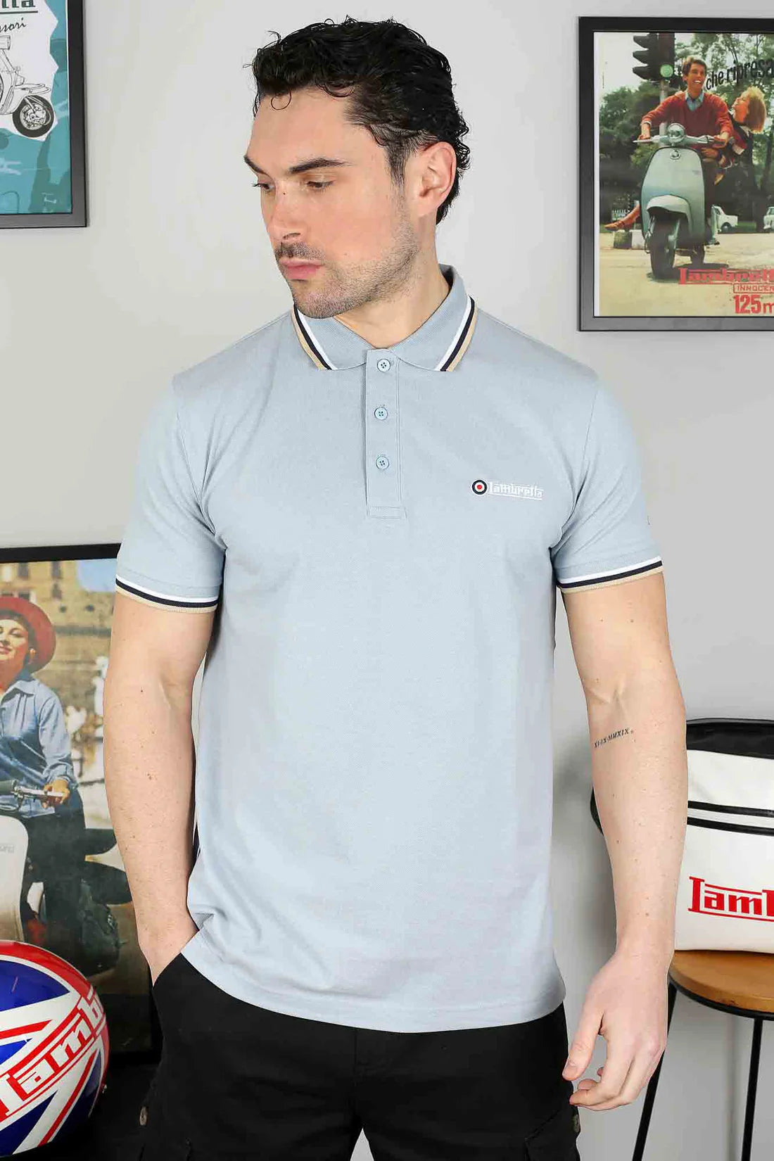 Lambretta Men's SS1650 Triple Tipped Polo Shirt Dusky Blue / White / Navy