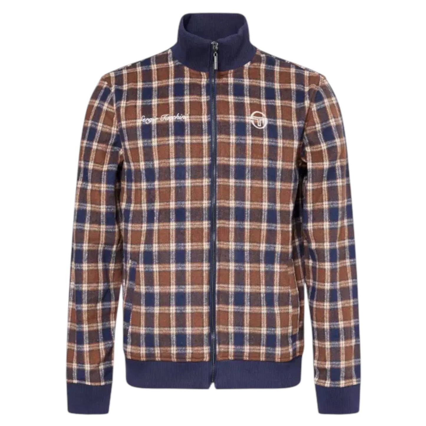 A vintage-style zip-up jacket featuring a brown, navy blue, and beige plaid pattern, with solid navy blue ribbed trim on the collar, cuffs, and hem. The jacket has 'Popeye' embroidered on the left chest and a circular logo on the right chest.