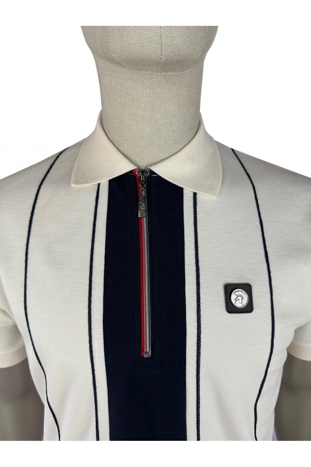 Trojan Records Men's TR9066 Chain Stitch Zip Pique Polo Shirt Ecru