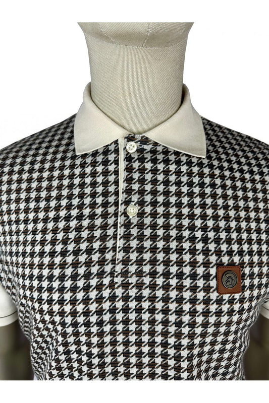 Trojan Records Men's TR9074 Houndstooth Panel Polo Shirt Ecru