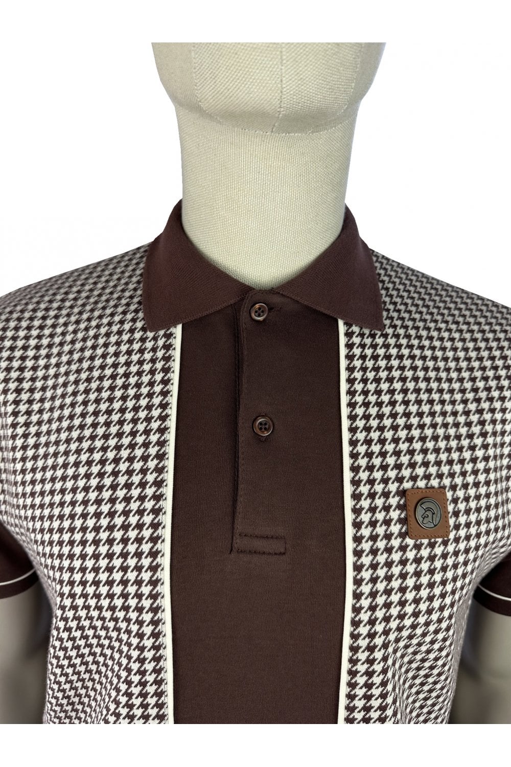 Trojan Records TR9118 Houndstooth Panel Polo Shirt Chocolate Brown
