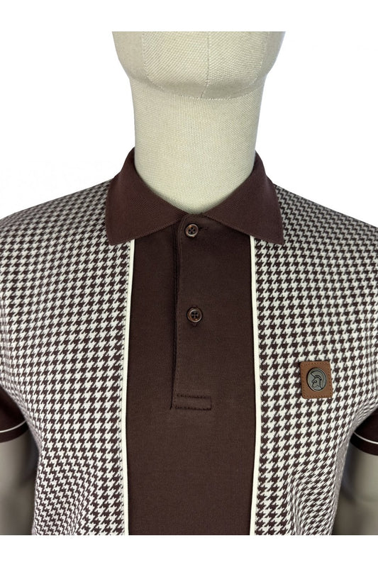Trojan Records TR9118 Houndstooth Panel Polo Shirt Chocolate Brown