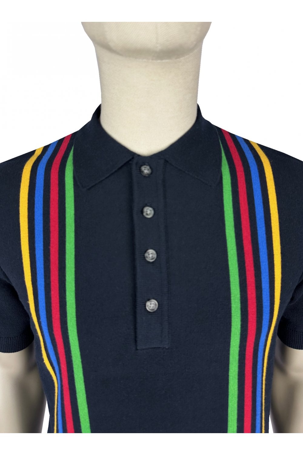 Trojan Records Men's TR9062 Multi-Stripe Fine Gauge Polo Shirt Navy Blue