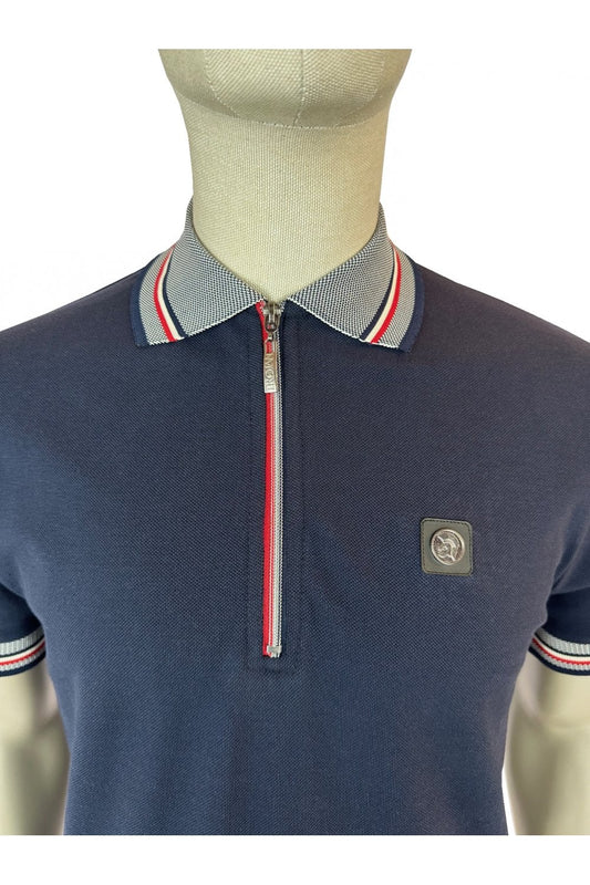 Trojan Records Men's TR9068 Oxford Collar Zip Pique Polo Shirt Navy Blue