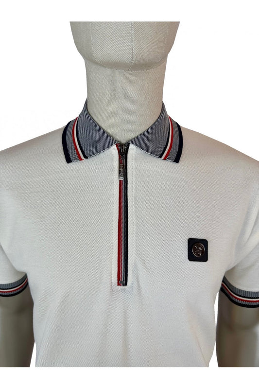 Trojan Records Men's TR9068 Oxford Collar Zip Pique Polo Shirt Ecru