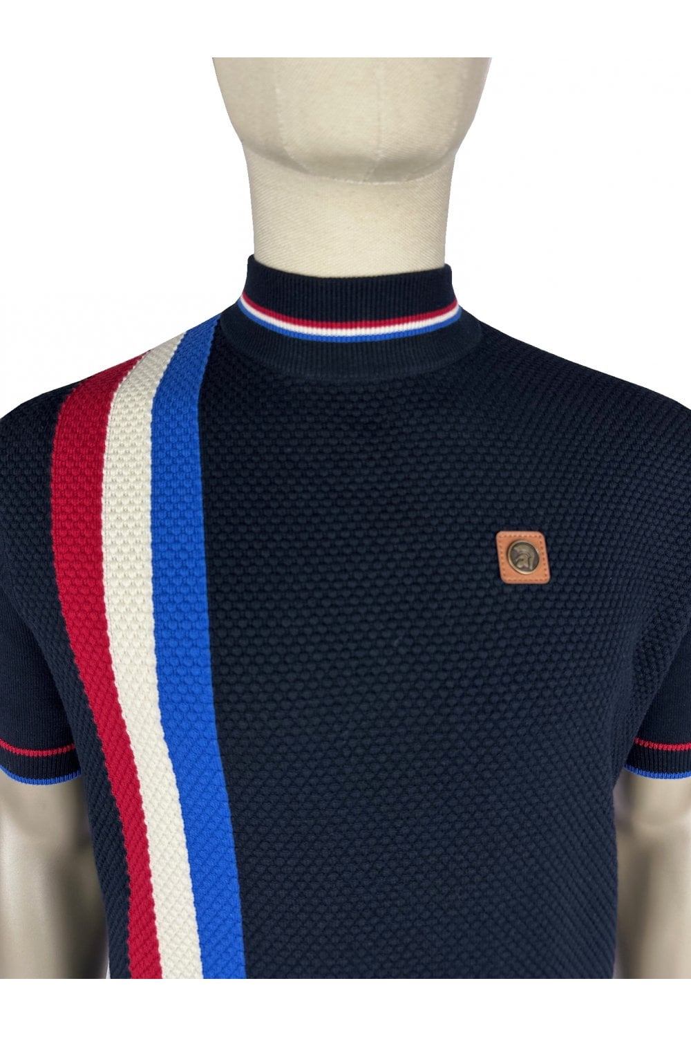 Trojan Records Men's TR9064 Racing Stripe Fine Gauge Turtle Tee Shirt Navy Blue