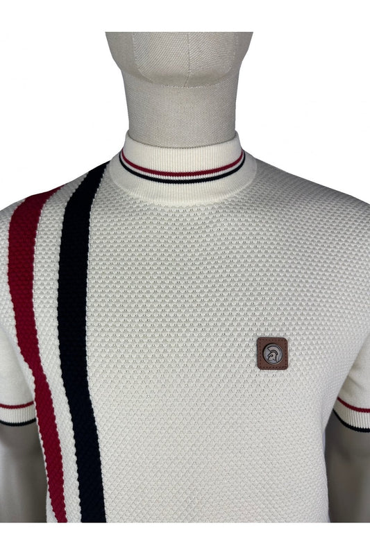 Trojan Records Men's TR9064 Racing Stripe Fine Gauge Turtle Tee Shirt Ecru