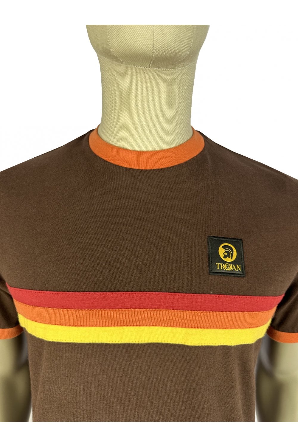 Trojan Records Men's TR9140 Stripe Front Tee Chocolate Brown