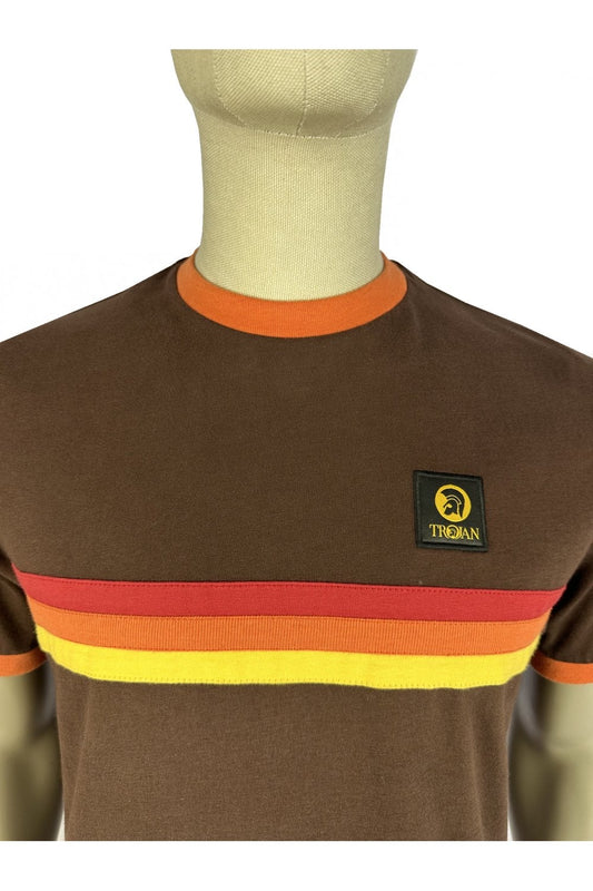 Trojan Records Men's TR9140 Stripe Front Tee Chocolate Brown