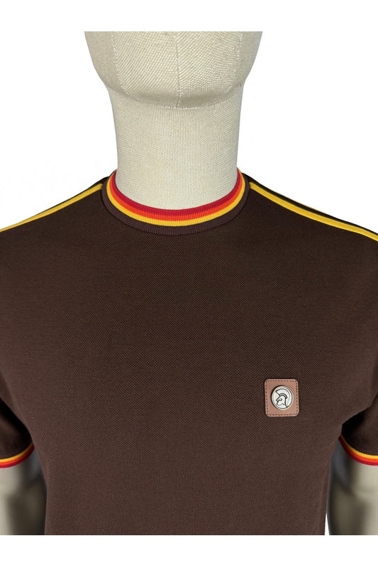 Trojan Records Men's TC1042 Three Colour Tipped Pique T Shirt Chocolate Brown
