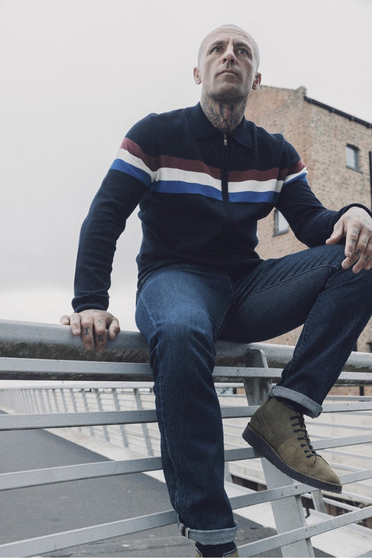 Trojan Records Men's TR9011 Zip Stripe Cardi Track Top Navy Blue