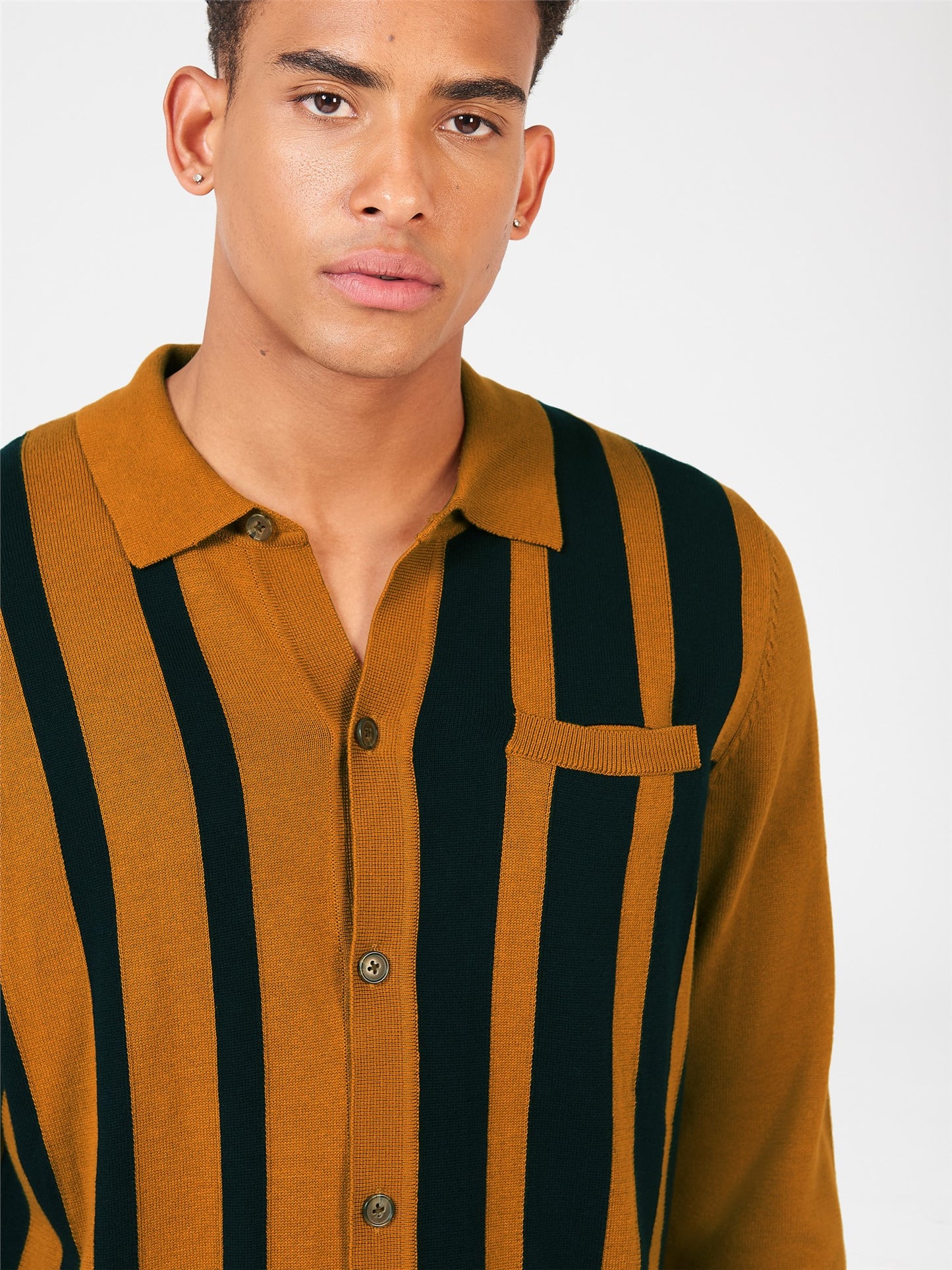 Ben Sherman Men's 0074001 LS Button Through Stripe Polo Shirt Mustard