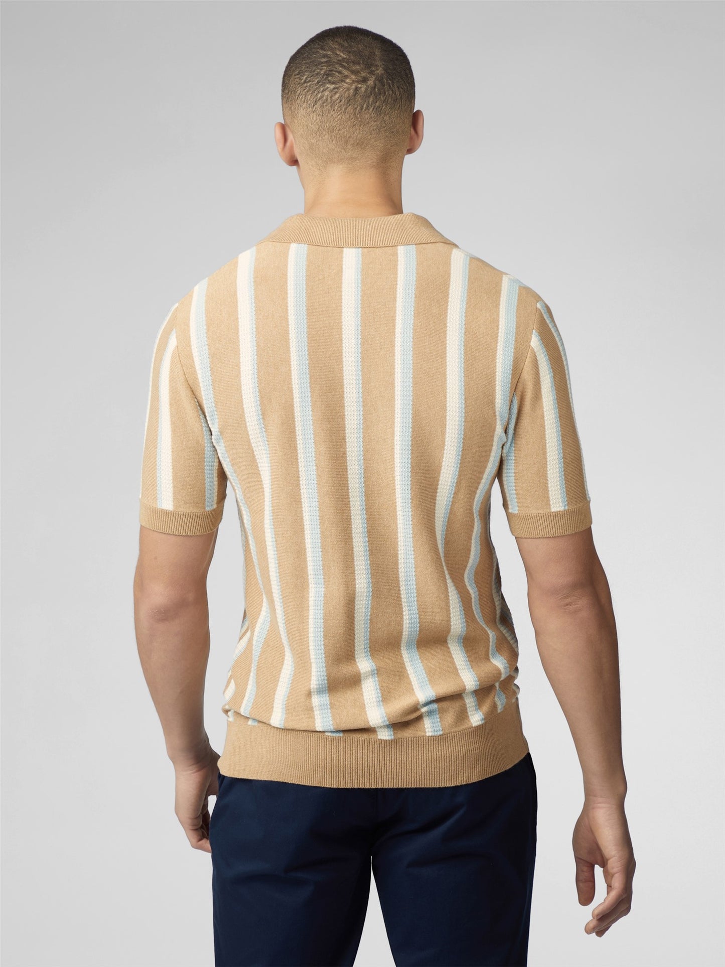 Ben Sherman Men's 0075847 SS Vertical Stripe Open Neck Polo Shirt Stone