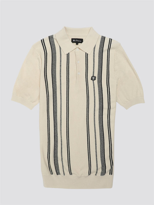 Ben Sherman Men's 0075850 SS Crinkle Cotton Stripe Polo Shirt Ivory