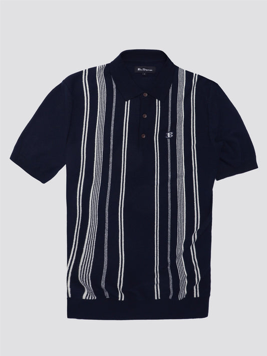 Ben Sherman Men's 0075850 SS Crinkle Cotton Stripe Polo Shirt Dark Navy
