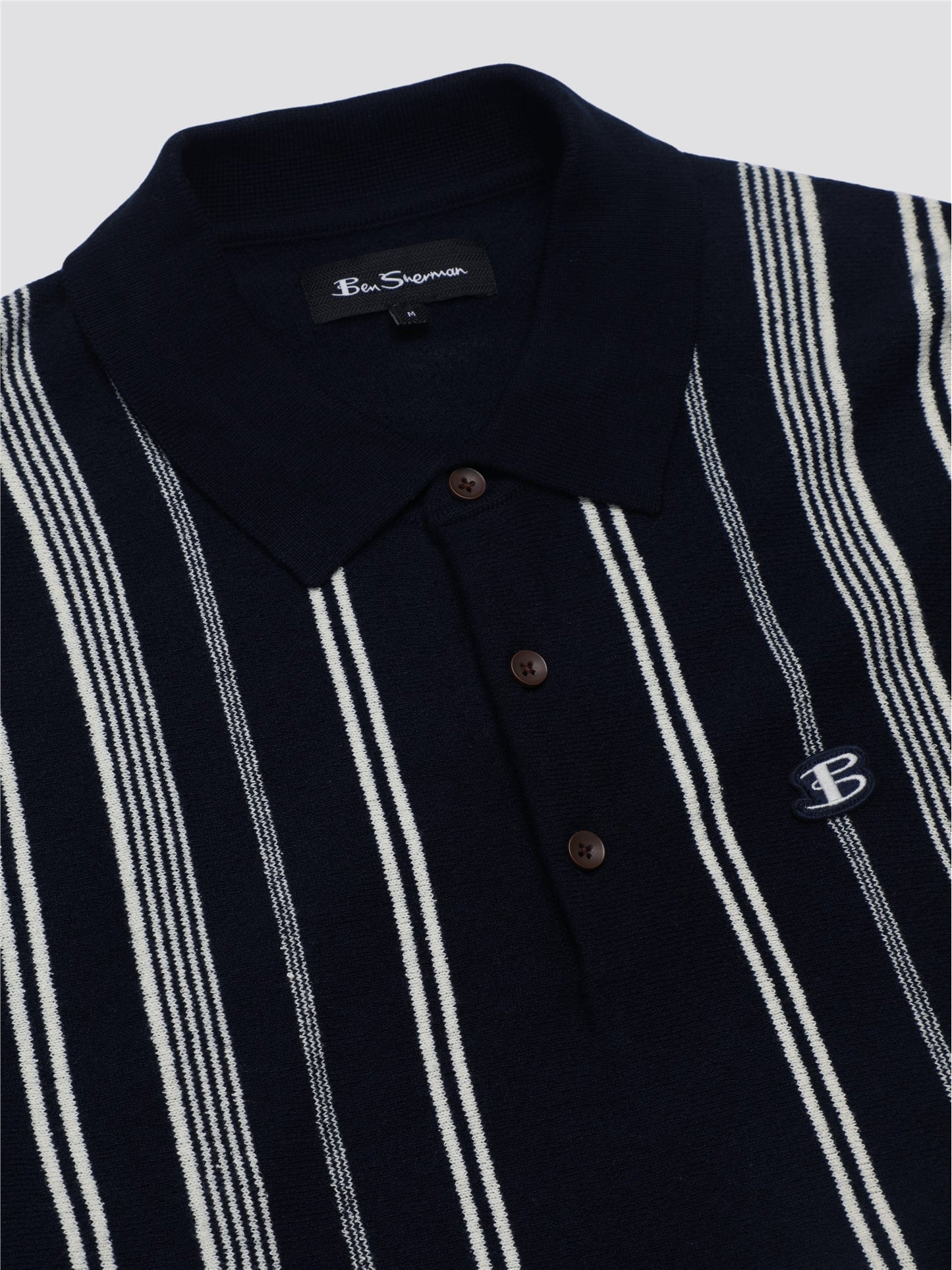 Ben Sherman Men's 0075850 SS Crinkle Cotton Stripe Polo Shirt Dark Navy