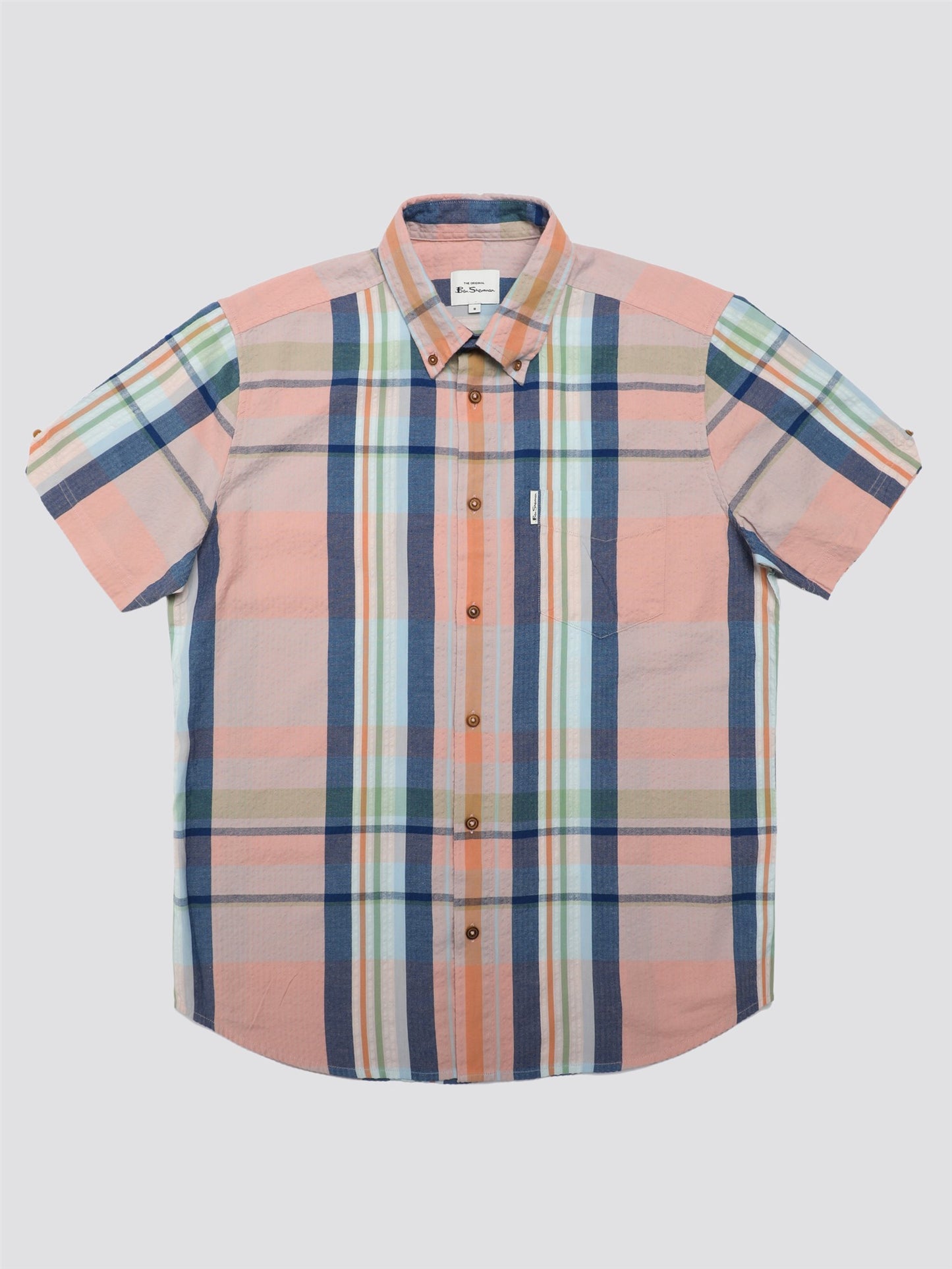 Ben Sherman Men's 0075943 SS Seersucker Check Shirt Pink