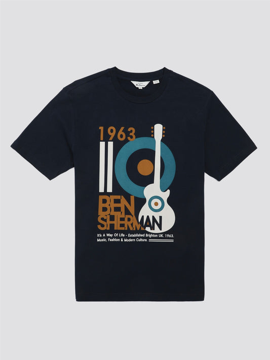 Ben Sherman Men's 0076130 SS Mod Guitar Poster T-Shirt Dark Navy