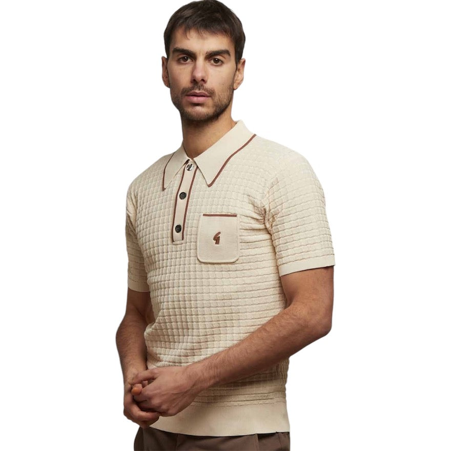 Gabicci Vintage Men's V53GM24 Roy SS Textured Knit Polo Shirt Cream