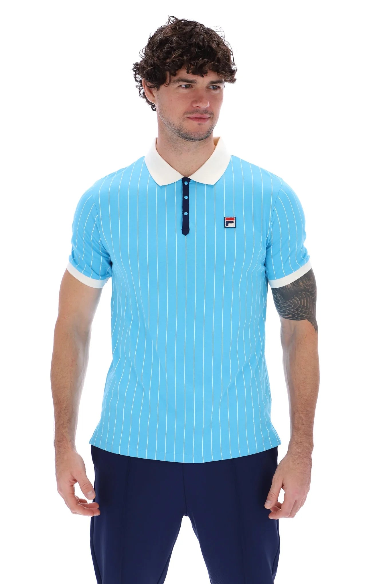 Fila Vintage Men's BB1 Classic Vintage Stripped Polo Shirt Cyan Blue