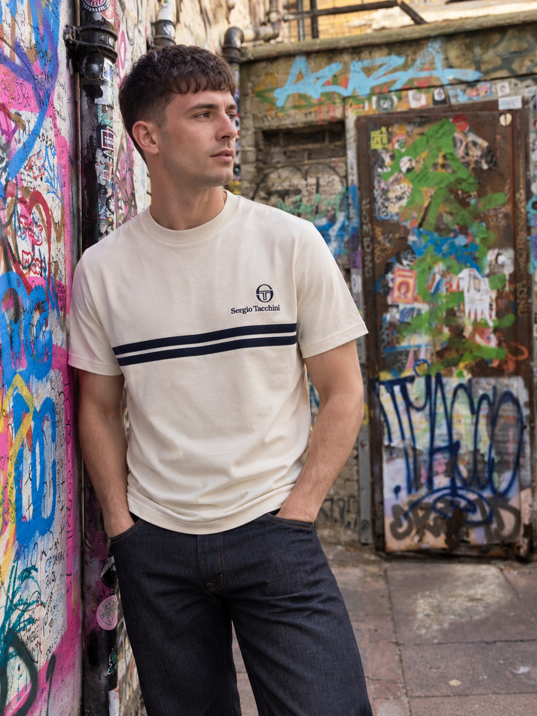 Sergio Tacchini Men's STM14565 Supermac Short Sleeve T Shirt Peyote / Maritime Blue