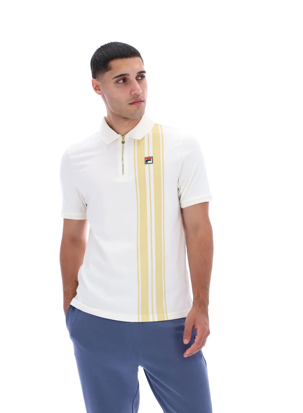Fila Vintage Men's Dario Zipped Stripped Polo Shirt Gardenia / Raffia