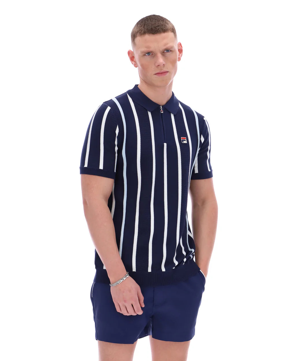 Fila Vintage Men's Giorgio Crochet Patchwork Knitted Polo Shirt Fila Navy Blue