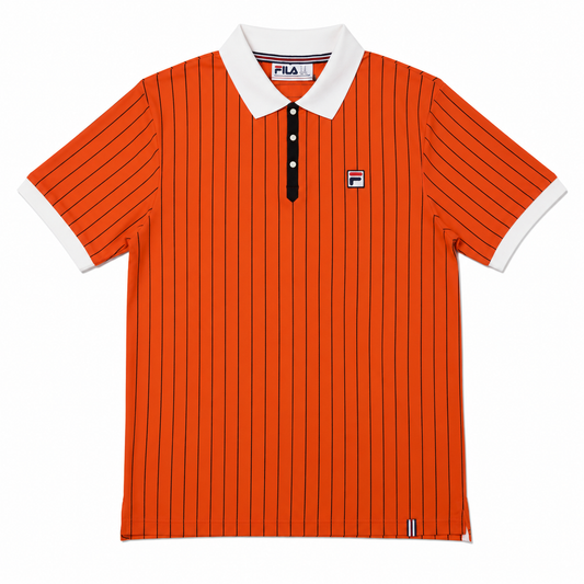 An orange short-sleeve polo shirt with thin black vertical pinstripes, a white collar, and a white button placket. The Fila logo is visible on the chest and inside the collar.