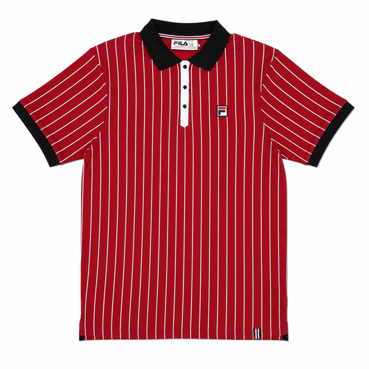 A red short-sleeve polo shirt with thin white vertical pinstripes, a black collar and sleeve cuffs, and a small Fila logo patch on the left chest, shown flat against a white background.