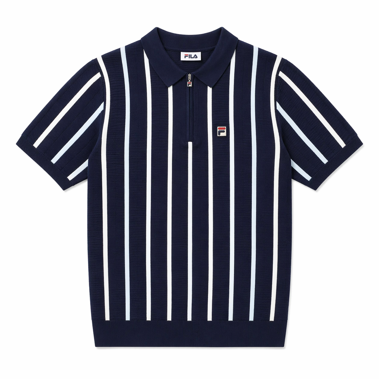 Fila Vintage Men's Giorgio Crochet Patchwork Knitted Polo Shirt Fila Navy Blue