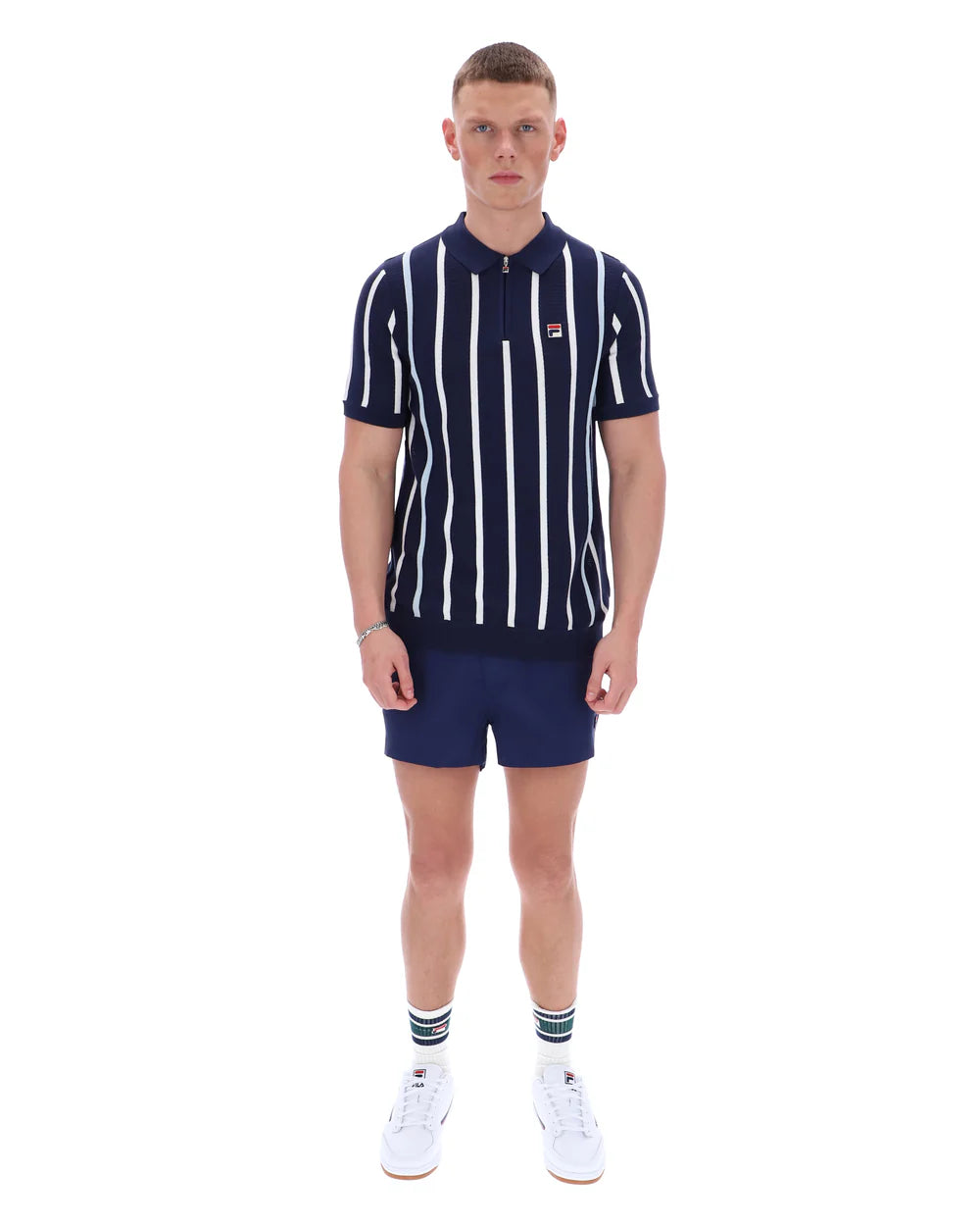 Fila Vintage Men's Giorgio Crochet Patchwork Knitted Polo Shirt Fila Navy Blue