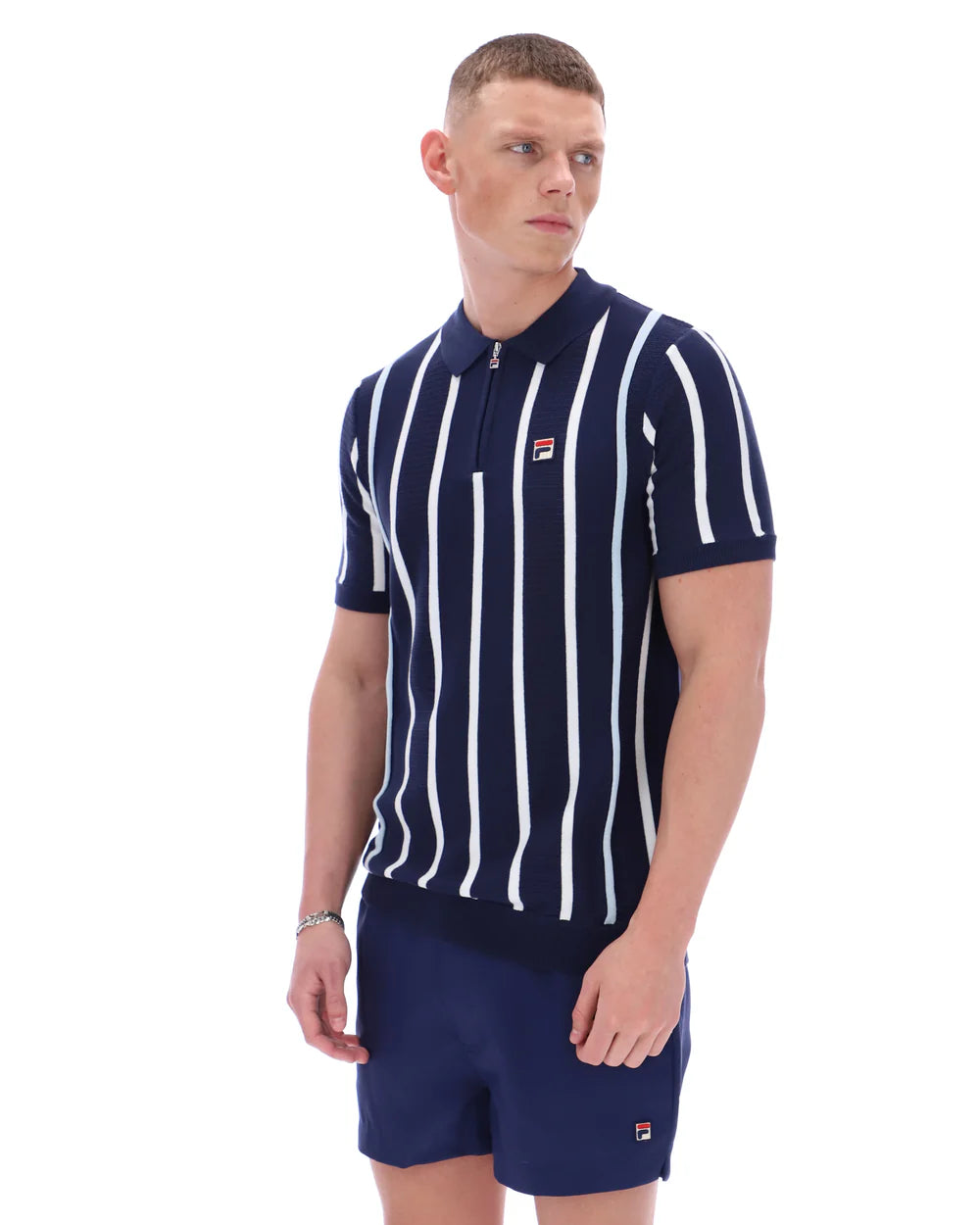 Fila Vintage Men's Giorgio Crochet Patchwork Knitted Polo Shirt Fila Navy Blue
