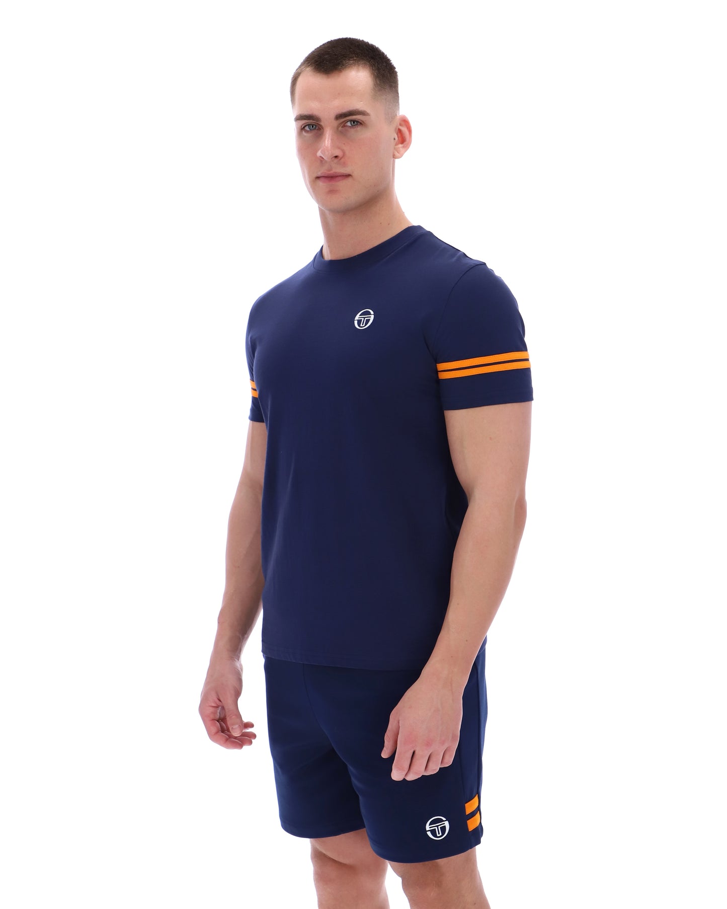 Sergio Tacchini Men's STM18376 SS Grello Crew Neck T Shirt Maritime Blue / Orange Pepper