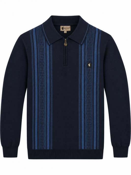 Gabicci Vintage Men's V57GM04 Hambro L/S Stripe Zip Polo Shirt Navy Blue