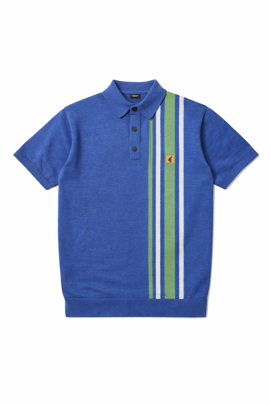 Gabicci Vintage Men's V54GM03 Soda SS Racing Stripe Polo Shirt Sapphire Blue