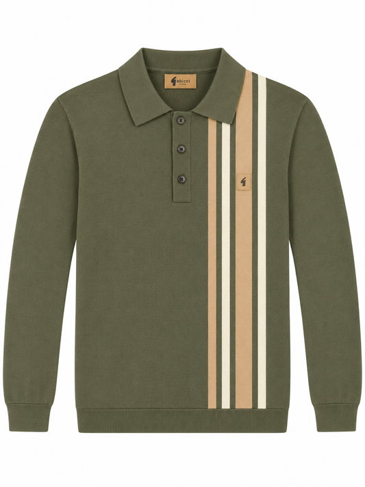 Gabicci Vintage Men's V57GM03 Soda L/S Stripe Polo Shirt Khaki