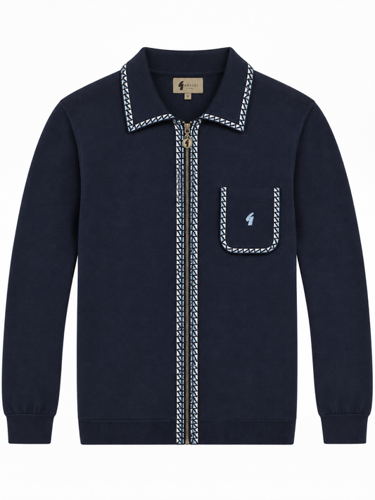 Gabicci Vintage Men's V57GM25 Nick L/S Zip Front Polo Shirt Navy Blue