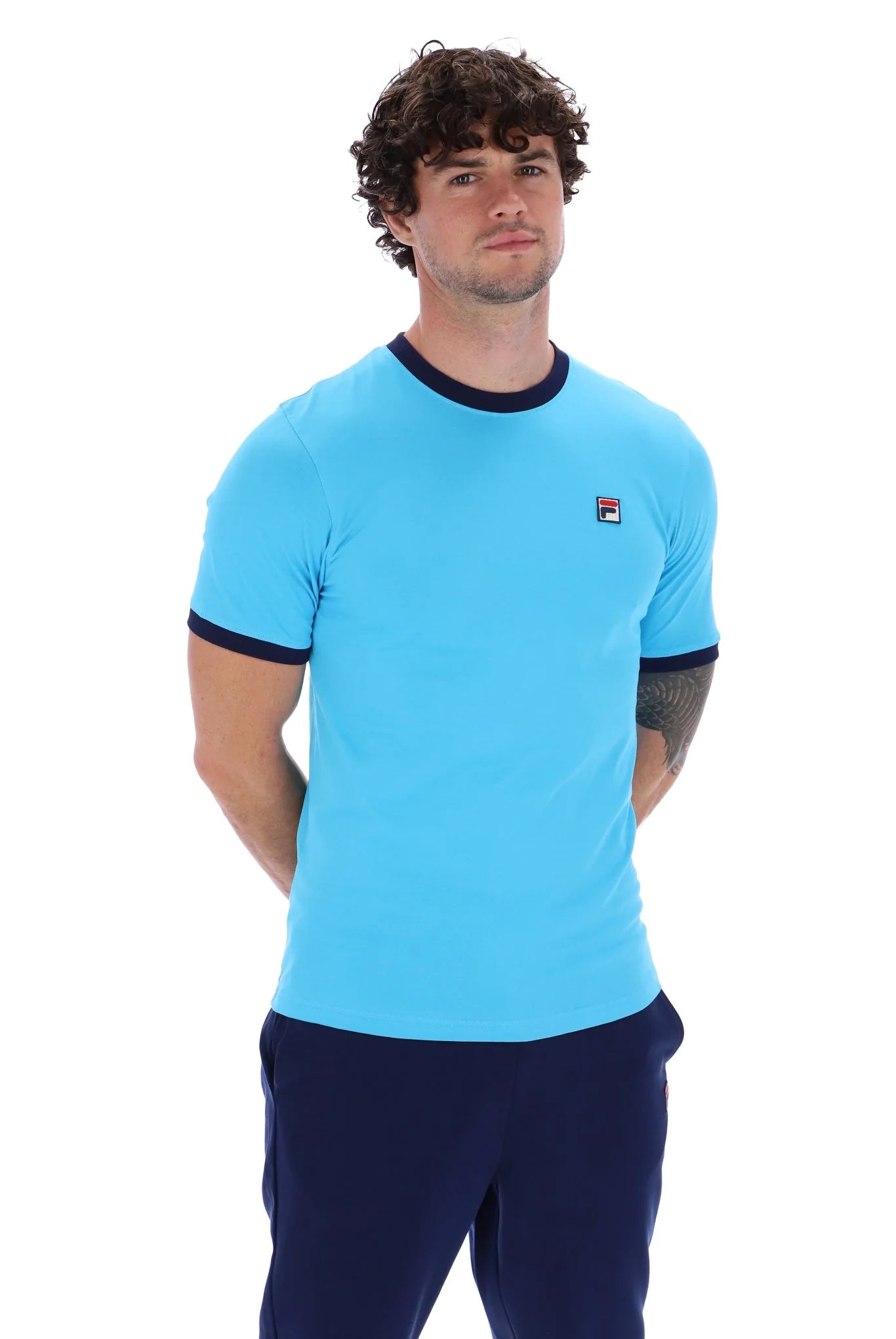 Fila Vintage Men's Marconi Essential Ringer T Shirt Cyan Blue / Fila Navy