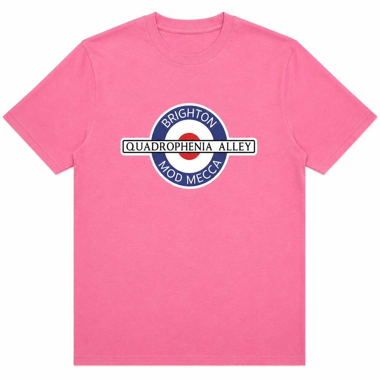 A pink short-sleeve crewneck t-shirt featuring a parody graphic of the London Underground roundel with the text 'BRIGHTON', 'QUADROPHENIA ALLEY', and 'MOD MEECH' in blue, white, and red.