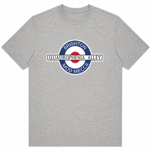 A heather gray short-sleeve crewneck t-shirt featuring a circular graphic on the chest with a red, white, and blue target design and the text 'BRIGHTON QUADROPHENIA ALLEY MOD MECCA'.