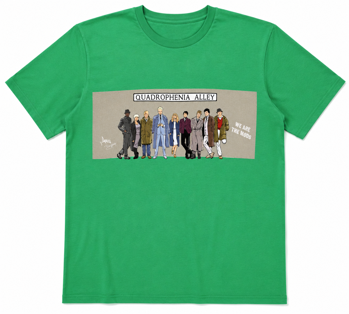 A bright green short-sleeve crewneck t-shirt featuring a rectangular graphic print on the chest. The graphic shows a lineup of cartoon characters with the text 'QUADROPHENIA ALLEY' above them and 'WE ARE THE WOODS' to the right, set against a light gray background.