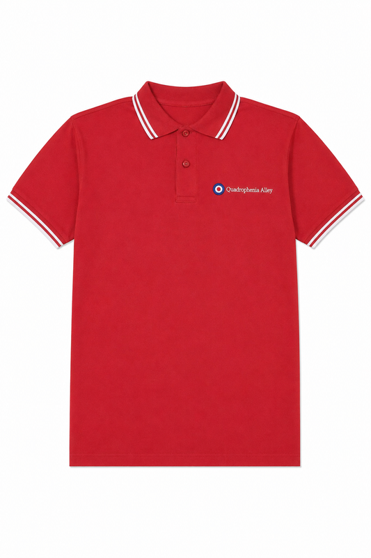 A red short-sleeve polo shirt with white and red striped collar and sleeve cuffs, featuring a small circular logo on the left chest that reads 'Quadrupessa Alor'.