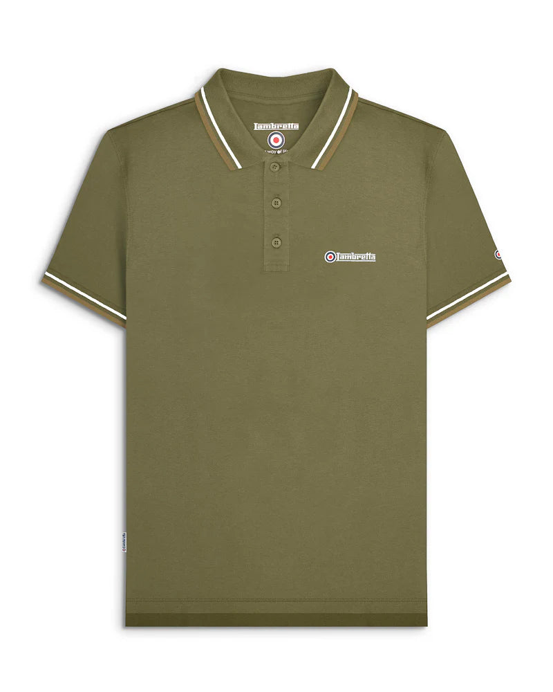 Lambretta Men's SS1608 Twin Tipped Polo Shirt Khaki / Silver / Cashew