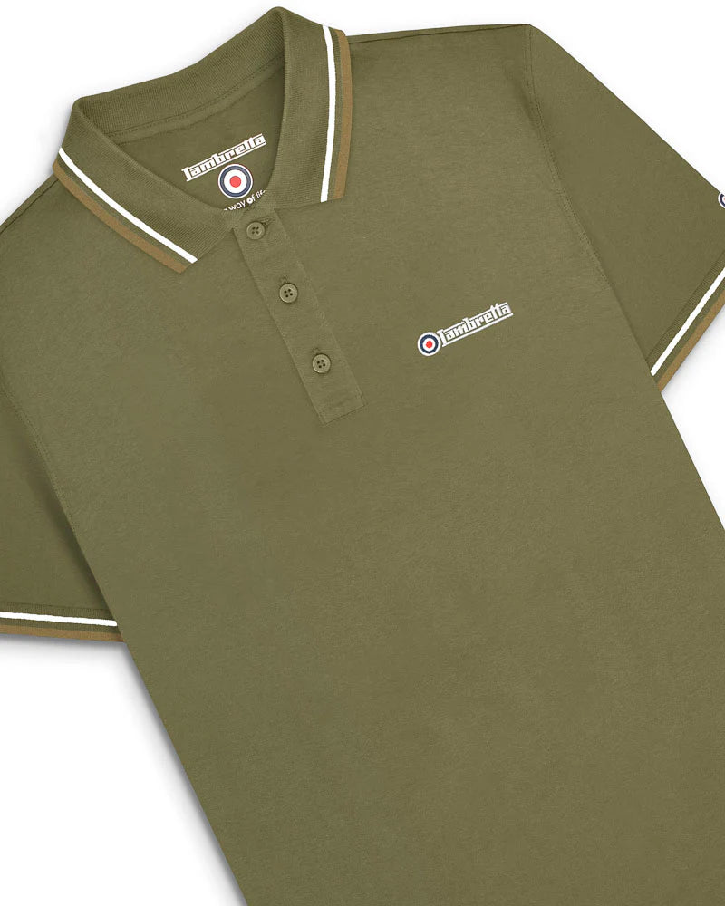 Lambretta Men's SS1608 Twin Tipped Polo Shirt Khaki / Silver / Cashew