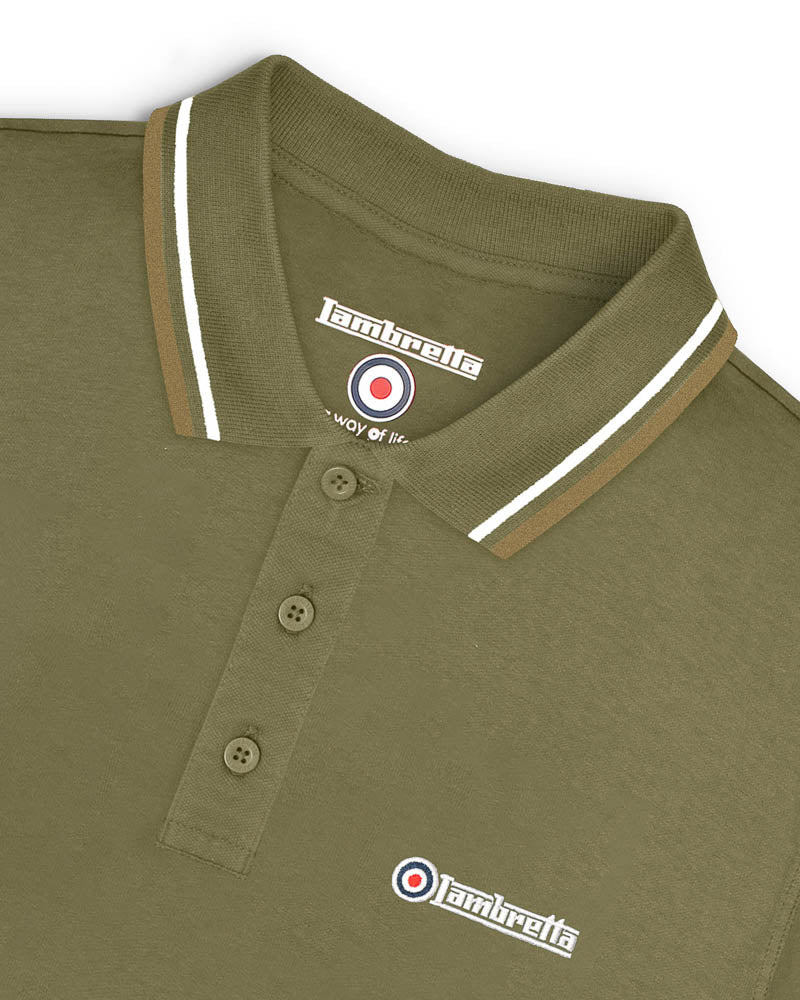 Lambretta Men's SS1608 Twin Tipped Polo Shirt Khaki / Silver / Cashew