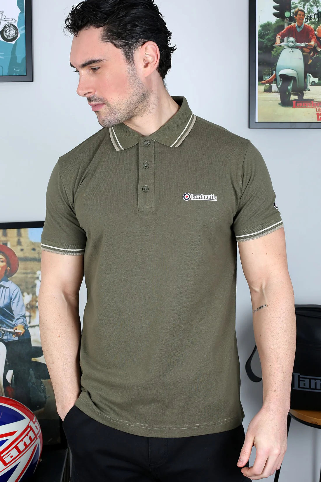 Lambretta Men's SS1608 Twin Tipped Polo Shirt Khaki / Silver / Cashew