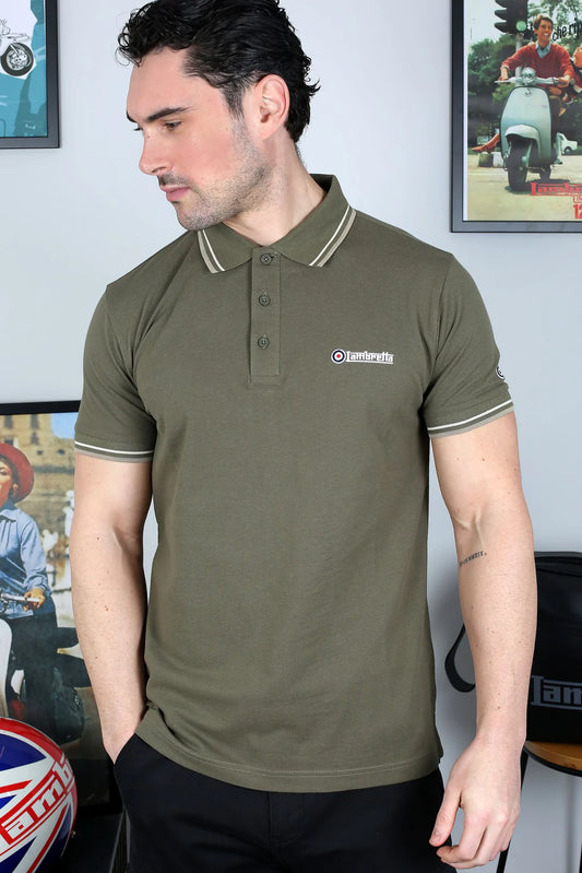 Lambretta Men's SS1608 Twin Tipped Polo Shirt Khaki / Silver / Cashew