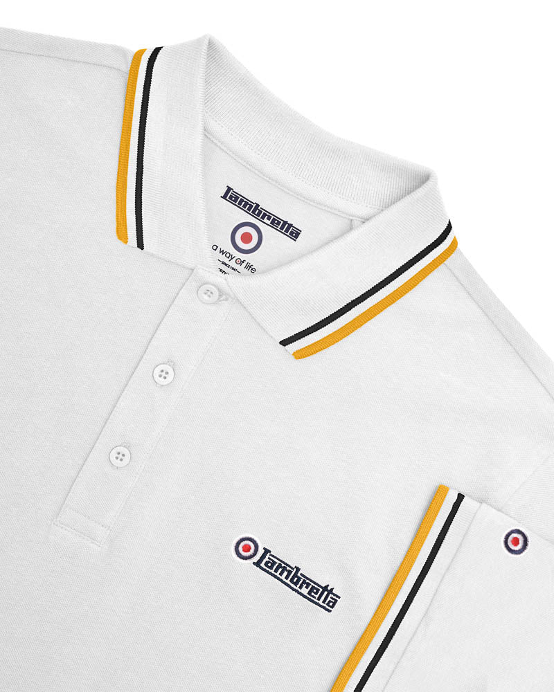 Lambretta Men's SS1608 Twin Tipped Polo Shirt White / Black / Gold